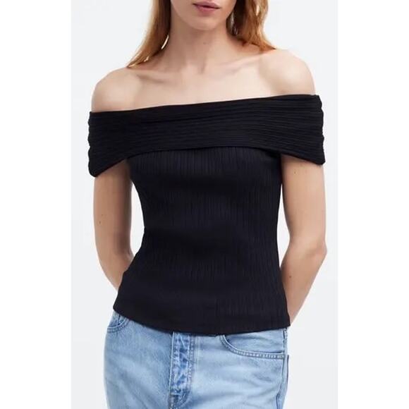 Madewell Women's Ribbed Off-the-Shoulder Top Size S True Black Whimsygoth Knit - Picture 1 of 8